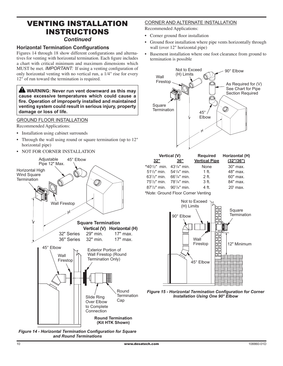 Venting installation instructions, Continued, Horizontal termination configurations | Desa (V)T32EN User Manual | Page 10 / 38