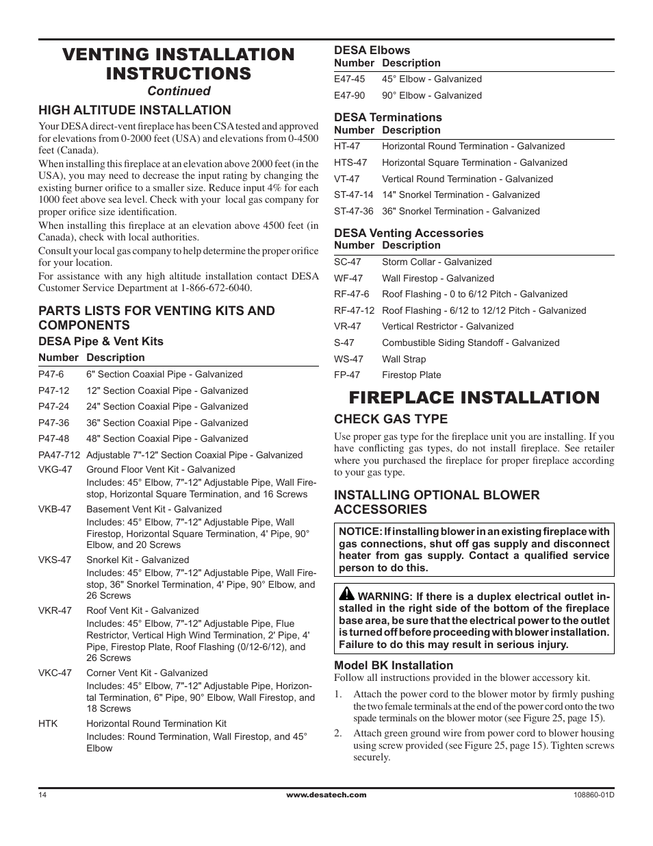 Fireplace installation, Venting installation instructions | Desa (V)T32EN User Manual | Page 14 / 38