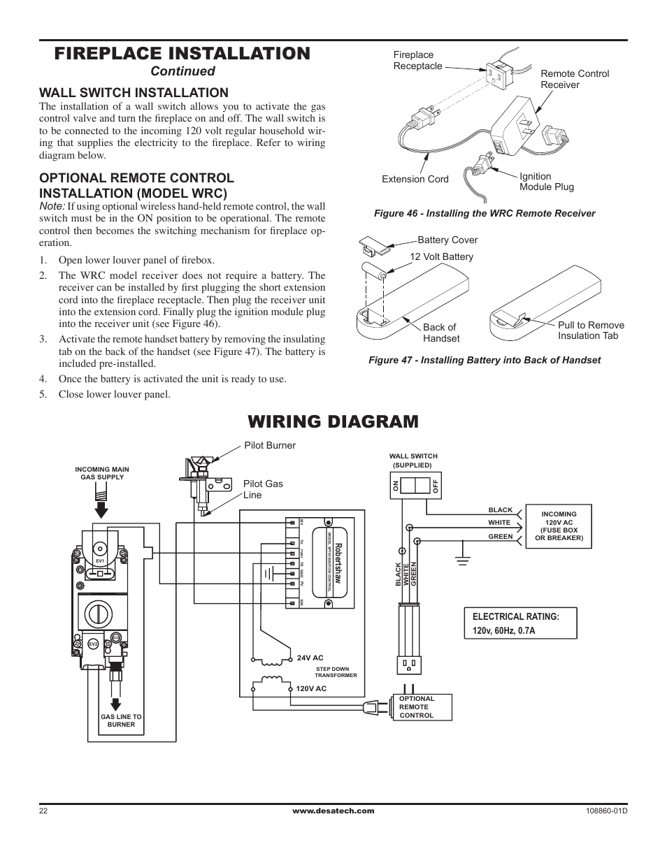 Wiring diagram, Fireplace installation, Continued wall switch installation | Optional remote control installation (model wrc) | Desa (V)T32EN User Manual | Page 22 / 38