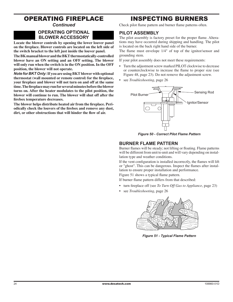 Inspecting burners, Operating fireplace | Desa (V)T32EN User Manual | Page 24 / 38