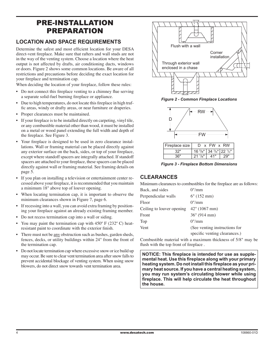 Pre-installation preparation, Location and space requirements, Clearances | Desa (V)T32EN User Manual | Page 4 / 38