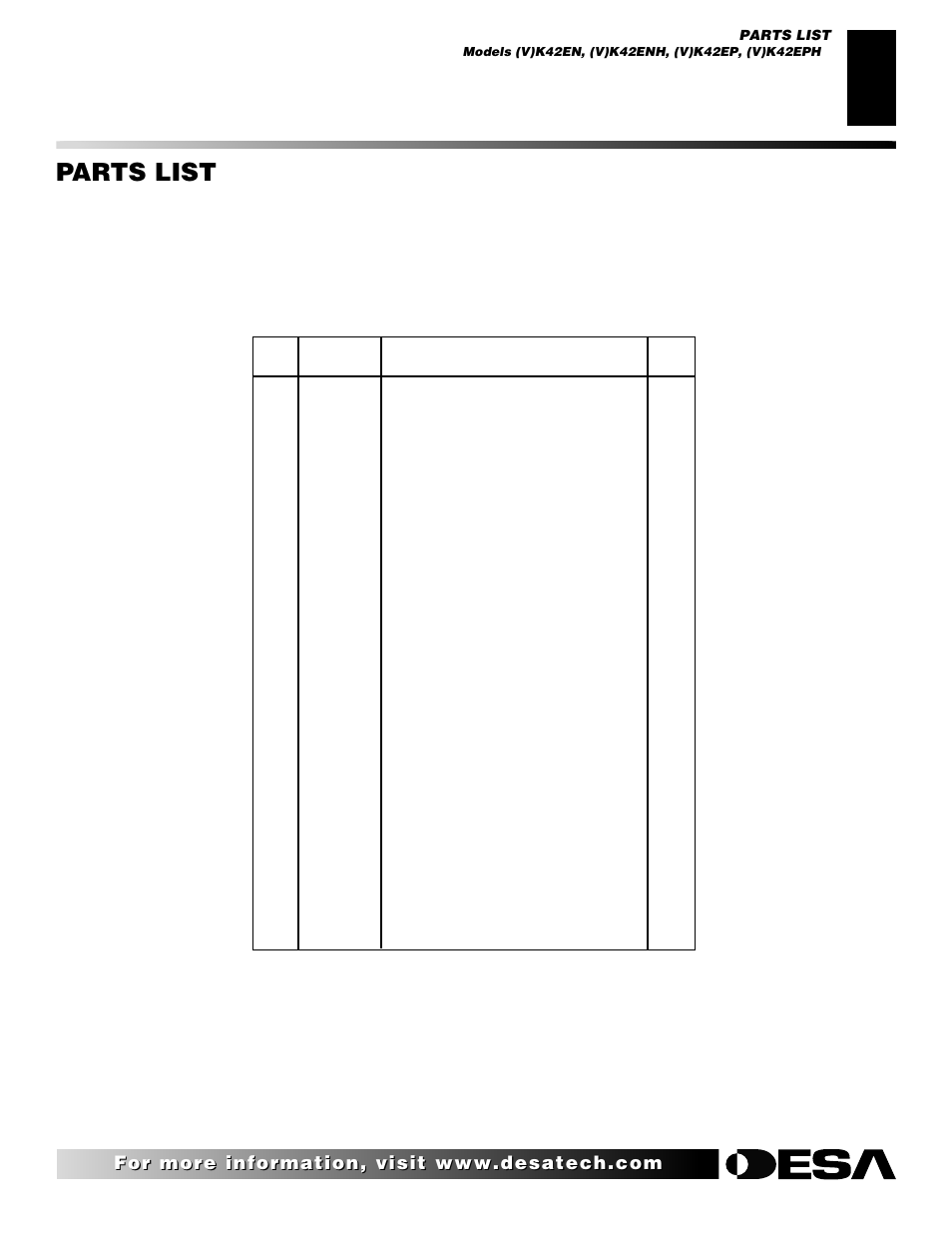 Parts list | Desa (V)K42EN User Manual | Page 33 / 38