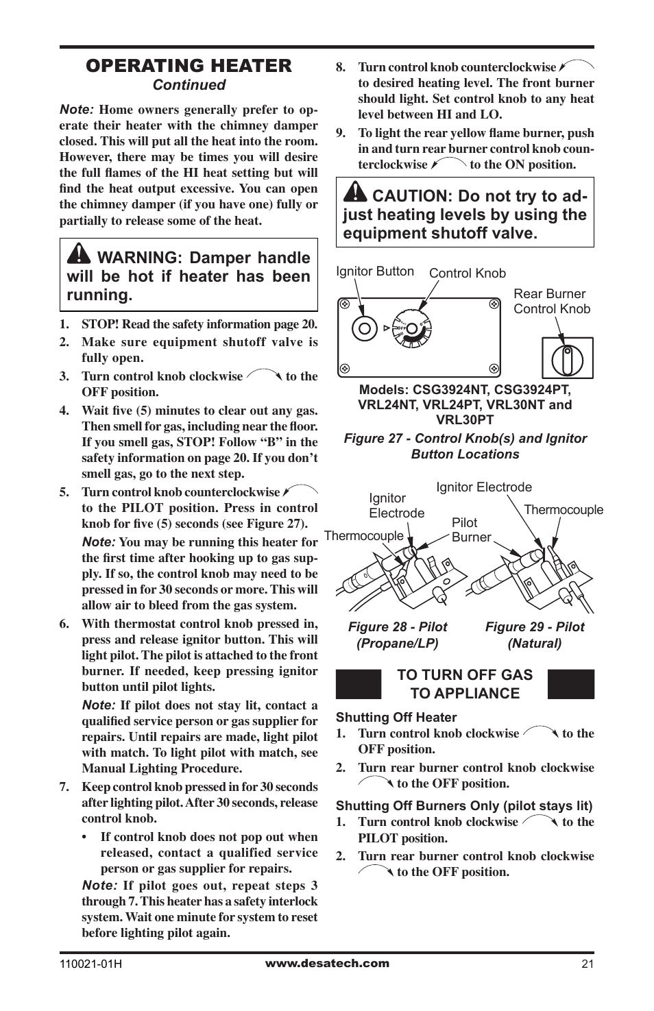 Operating heater, Continued | Desa VRL24NT User Manual | Page 21 / 44