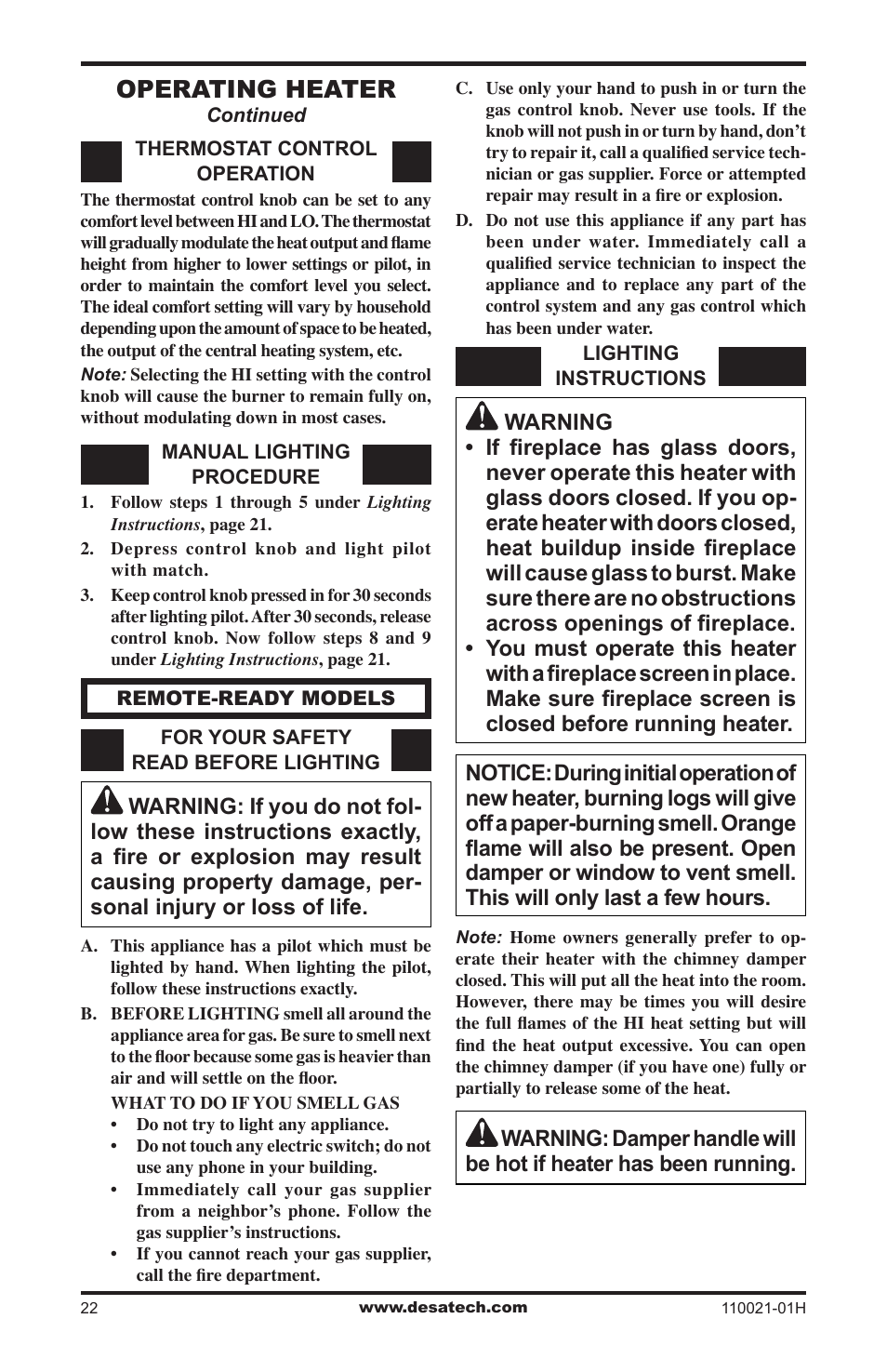 Operating heater | Desa VRL24NT User Manual | Page 22 / 44