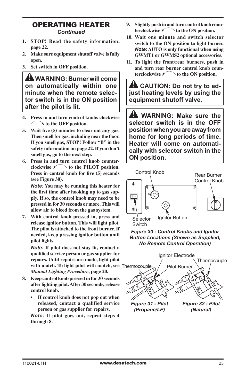 Operating heater, Continued | Desa VRL24NT User Manual | Page 23 / 44