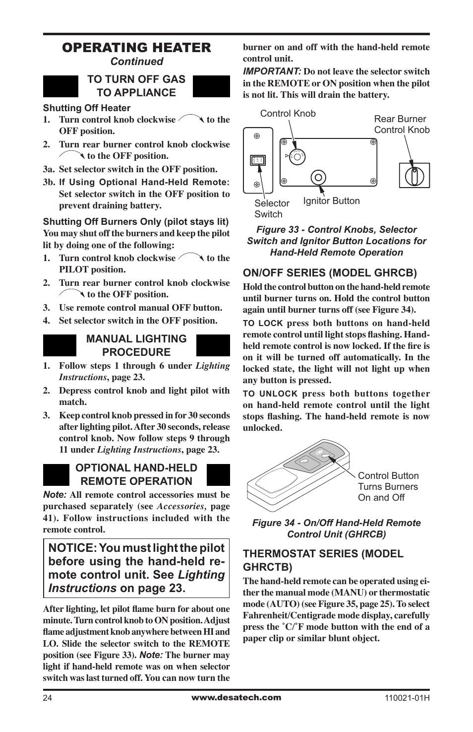 Operating heater, Continued to turn off gas to appliance, Manual lighting procedure | Optional hand-held remote operation, On/off series (model ghrcb), Thermostat series (model ghrctb) | Desa VRL24NT User Manual | Page 24 / 44