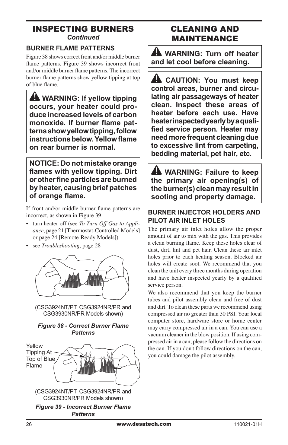 Cleaning and maintenance, Inspecting burners | Desa VRL24NT User Manual | Page 26 / 44