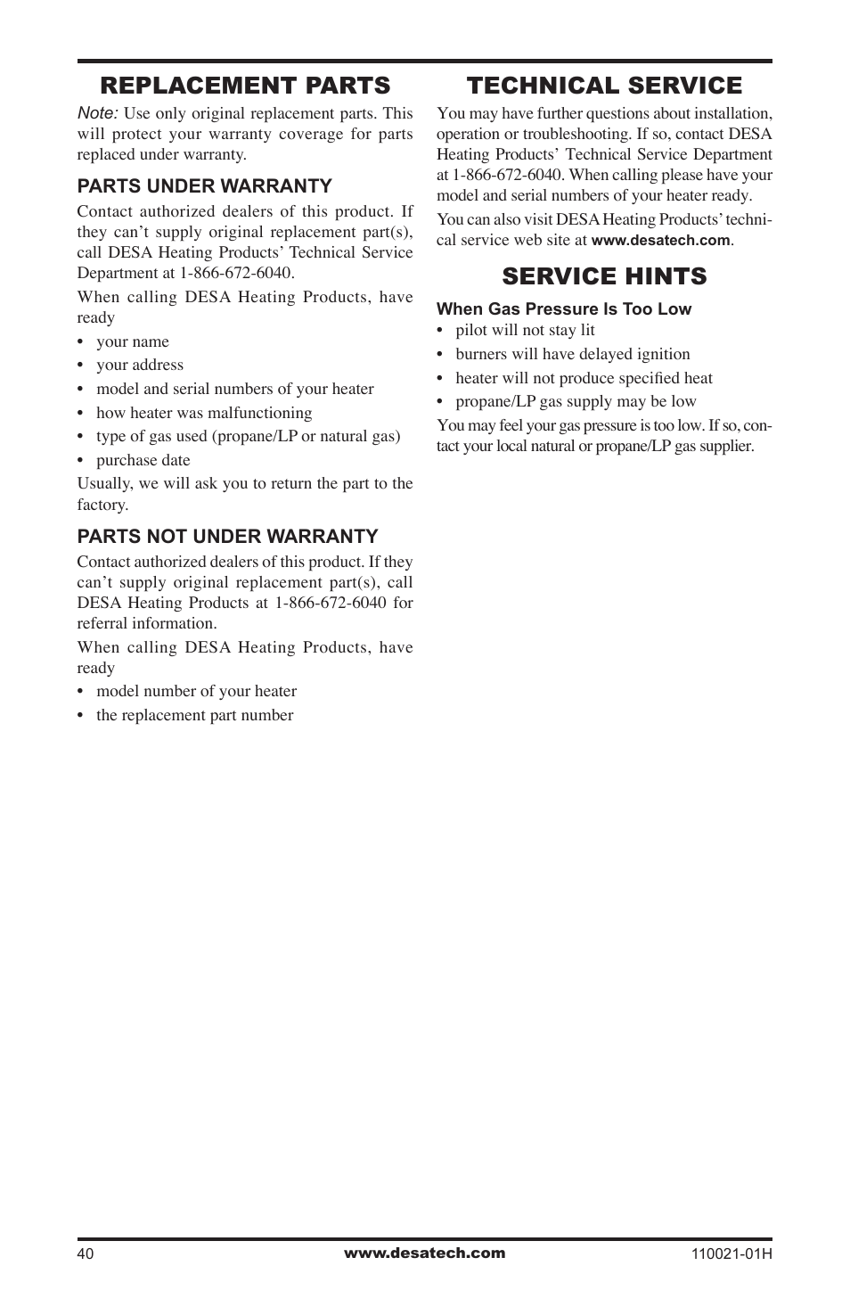 Replacement parts, Technical service, Service hints | Desa VRL24NT User Manual | Page 40 / 44
