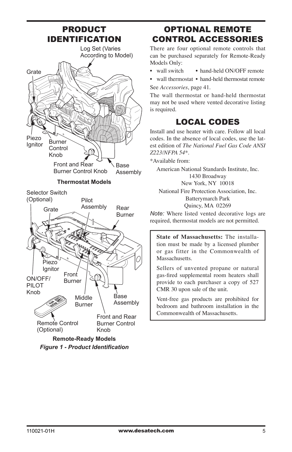 Product identification, Optional remote control accessories, Local codes | Desa VRL24NT User Manual | Page 5 / 44