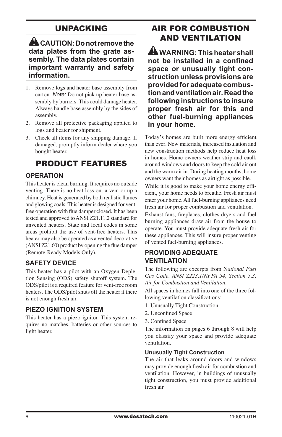 Unpacking, Product features, Air for combustion and ventilation | Desa VRL24NT User Manual | Page 6 / 44