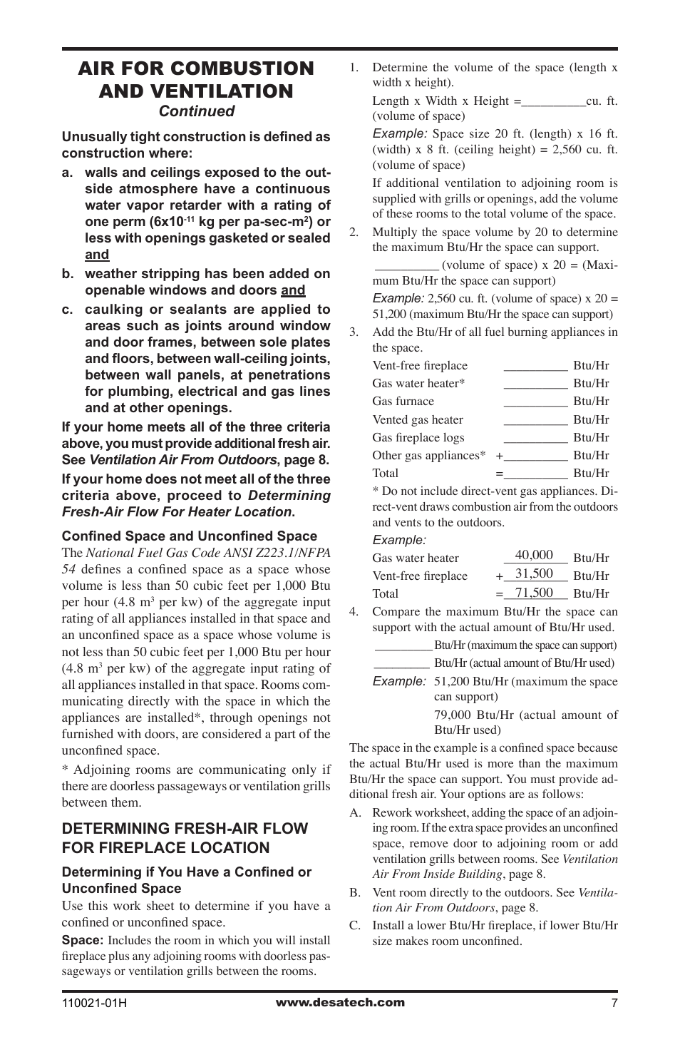 Air for combustion and ventilation | Desa VRL24NT User Manual | Page 7 / 44