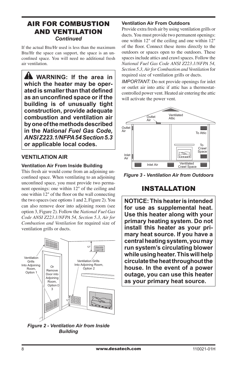 Installation, Air for combustion and ventilation | Desa VRL24NT User Manual | Page 8 / 44