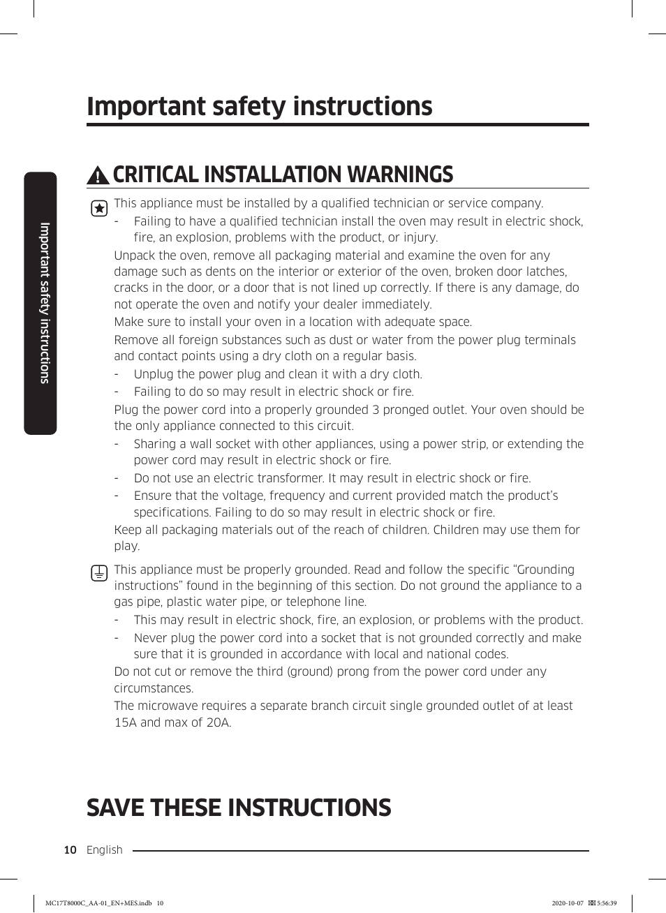 Important safety instructions, Save these instructions, Critical installation warnings | Samsung 30 Inch Over the Range Convection Smart Microwave User Manual User Manual | Page 10 / 160