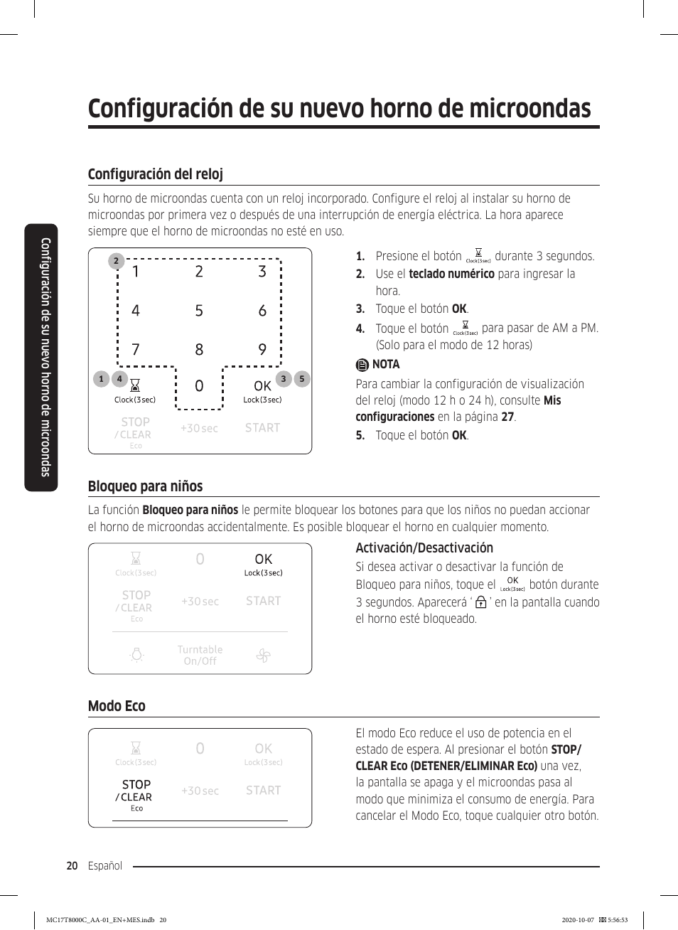 Configuración del reloj, Bloqueo para niños, Modo eco | Configuración de su nuevo horno de microondas | Samsung 30 Inch Over the Range Convection Smart Microwave User Manual User Manual | Page 100 / 160