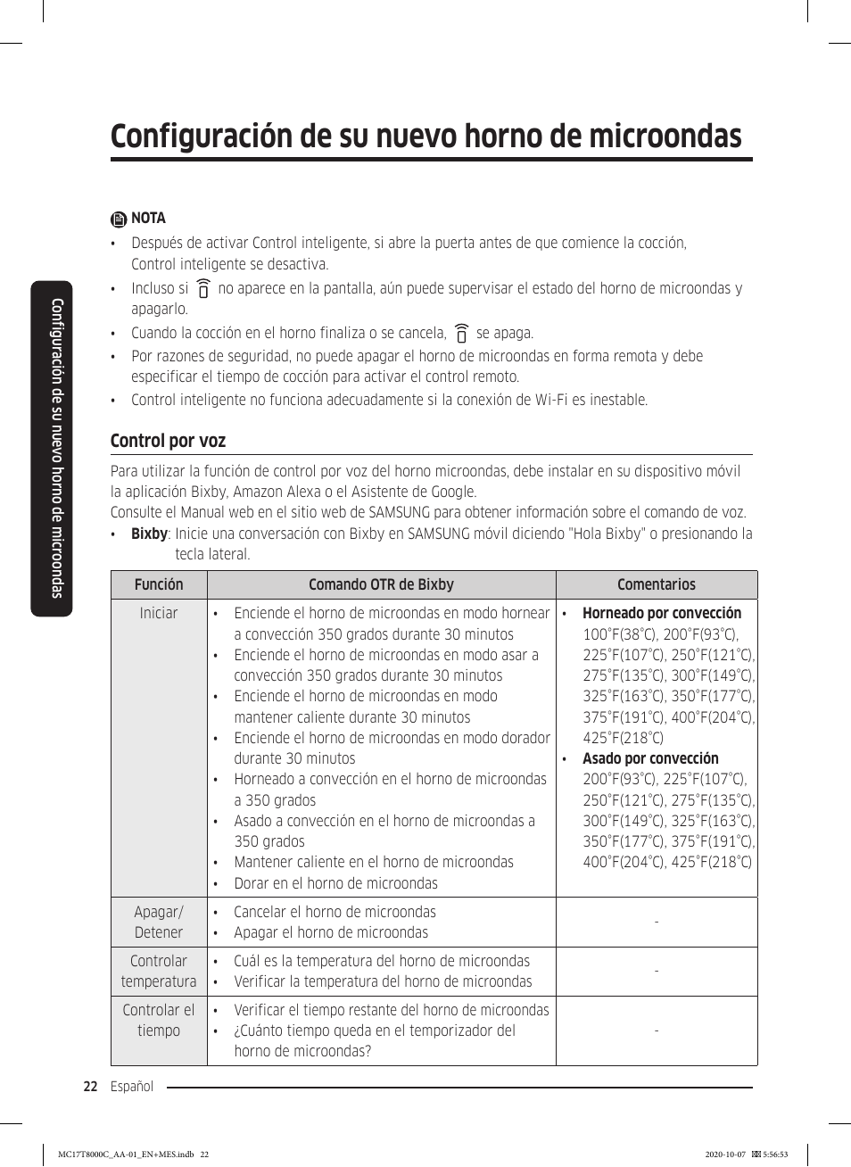 Control por voz, Configuración de su nuevo horno de microondas | Samsung 30 Inch Over the Range Convection Smart Microwave User Manual User Manual | Page 102 / 160