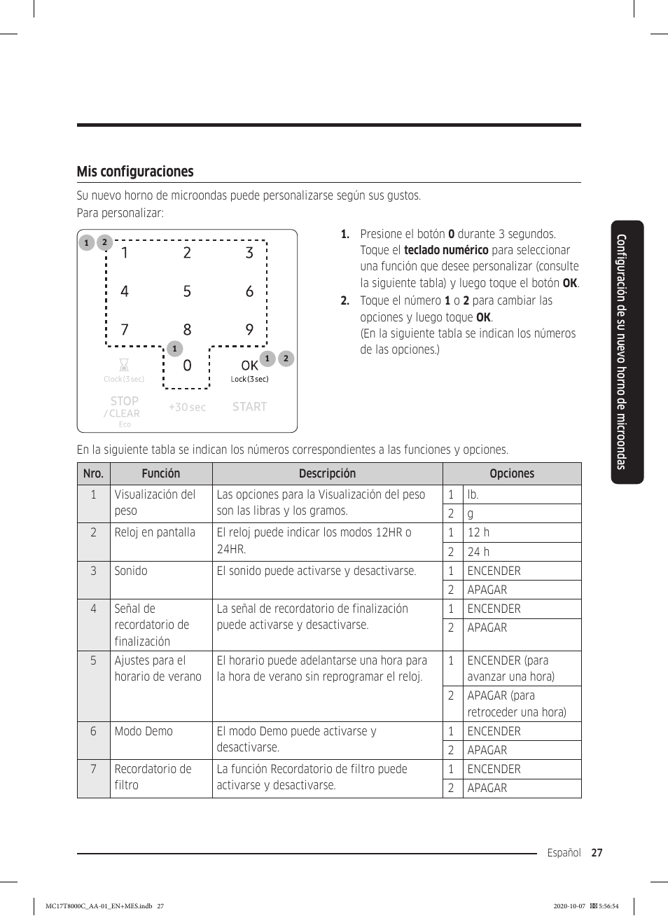 Mis configuraciones, Configuraciones | Samsung 30 Inch Over the Range Convection Smart Microwave User Manual User Manual | Page 107 / 160