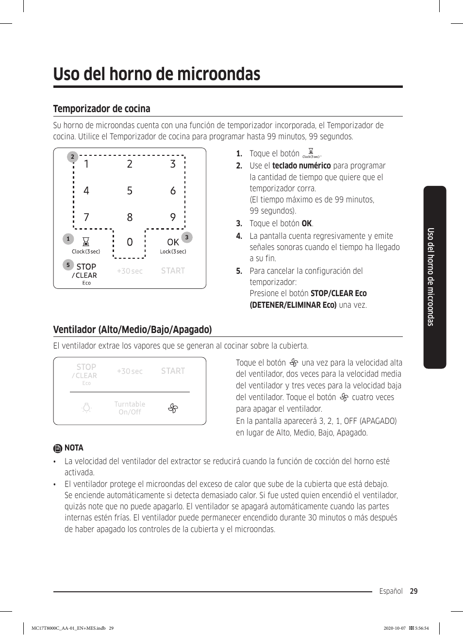 Uso del horno de microondas, Temporizador de cocina, Ventilador (alto/medio/bajo/apagado) | Samsung 30 Inch Over the Range Convection Smart Microwave User Manual User Manual | Page 109 / 160