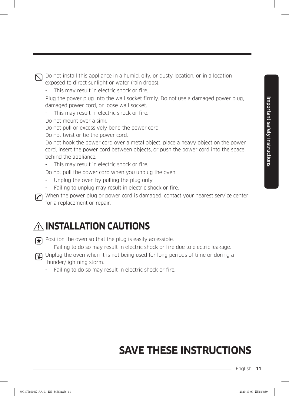 Save these instructions, Installation cautions | Samsung 30 Inch Over the Range Convection Smart Microwave User Manual User Manual | Page 11 / 160