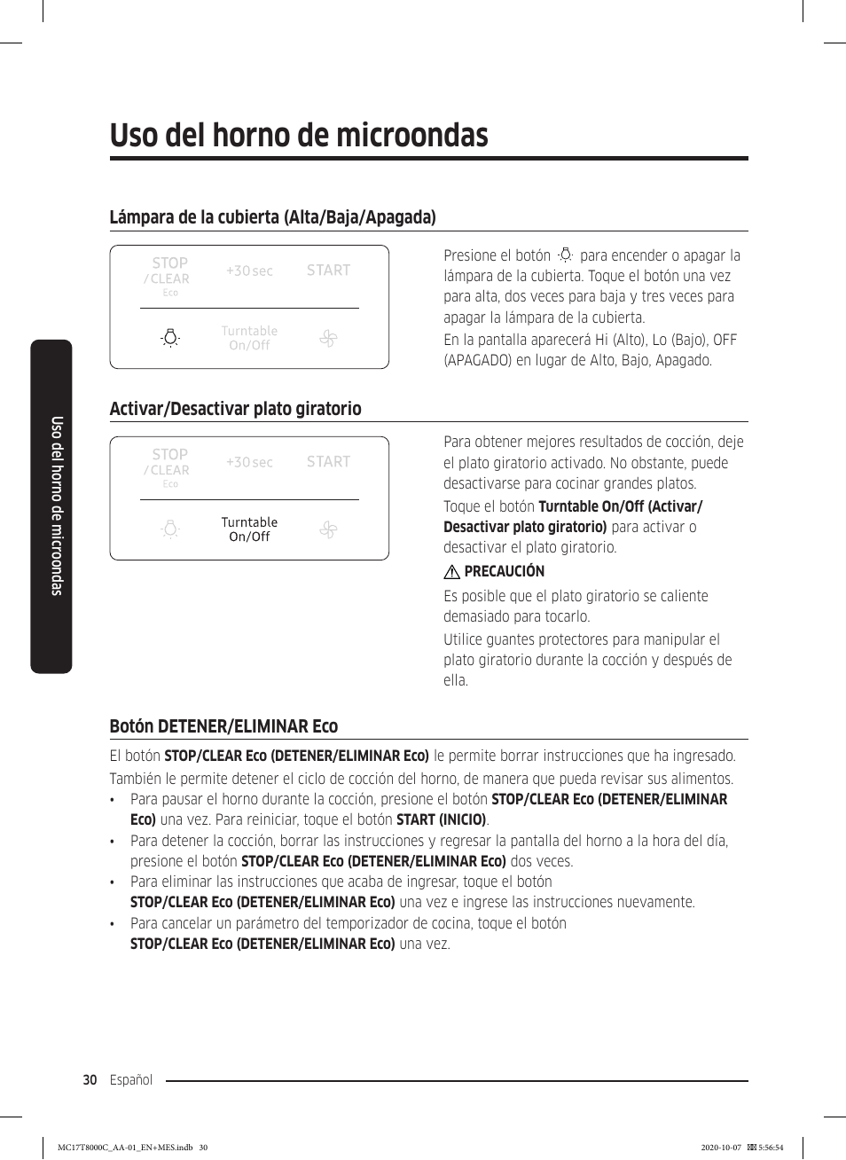 Lámpara de la cubierta (alta/baja/apagada), Activar/desactivar plato giratorio, Botón detener/eliminar eco | Uso del horno de microondas | Samsung 30 Inch Over the Range Convection Smart Microwave User Manual User Manual | Page 110 / 160