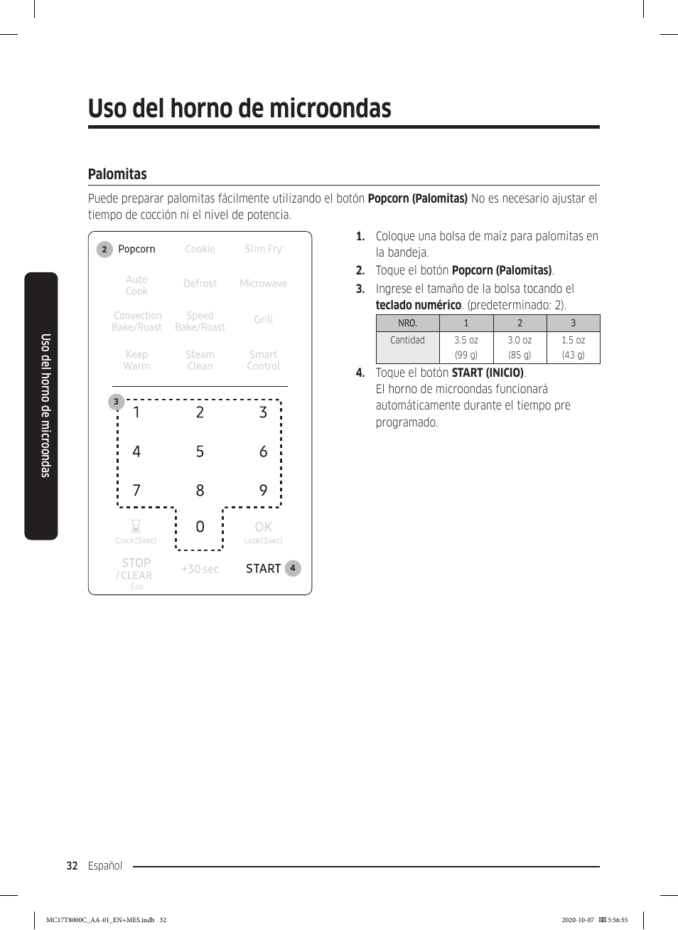 Palomitas, Palomitas 32, Uso del horno de microondas | Samsung 30 Inch Over the Range Convection Smart Microwave User Manual User Manual | Page 112 / 160