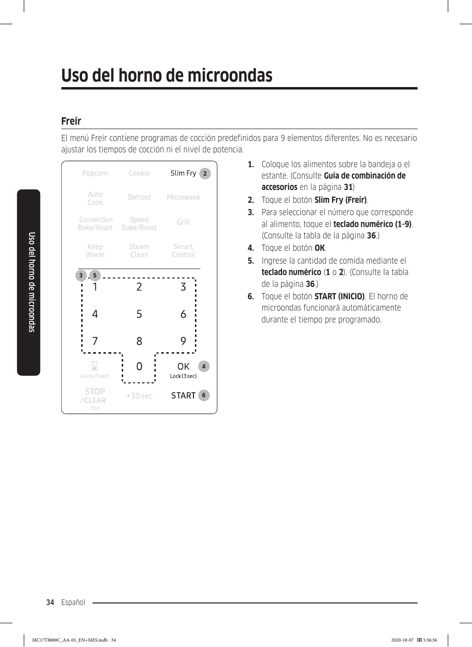 Freír, Freír 34, Uso del horno de microondas | Samsung 30 Inch Over the Range Convection Smart Microwave User Manual User Manual | Page 114 / 160