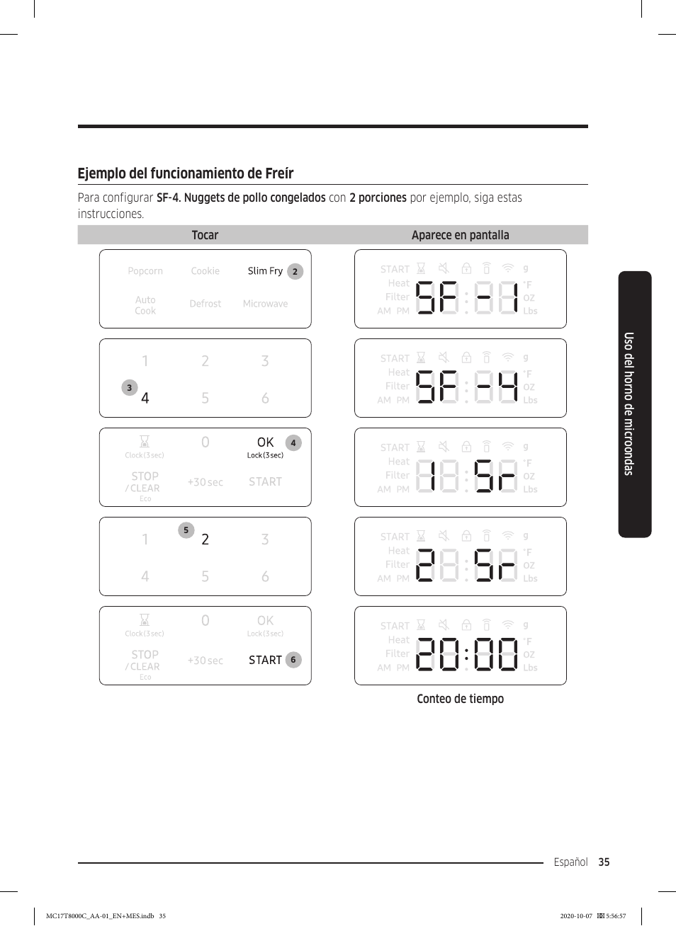 Ejemplo del funcionamiento de freír | Samsung 30 Inch Over the Range Convection Smart Microwave User Manual User Manual | Page 115 / 160