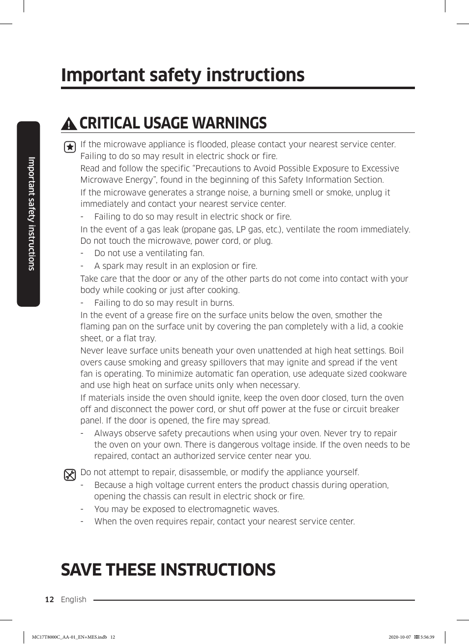 Important safety instructions, Save these instructions, Critical usage warnings | Samsung 30 Inch Over the Range Convection Smart Microwave User Manual User Manual | Page 12 / 160