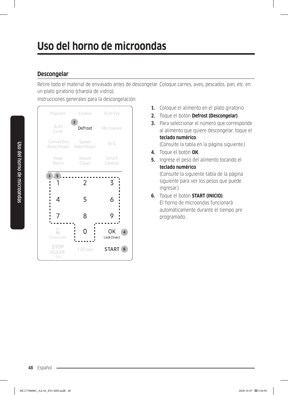 Descongelar, Descongelar 48, Uso del horno de microondas | Samsung 30 Inch Over the Range Convection Smart Microwave User Manual User Manual | Page 128 / 160