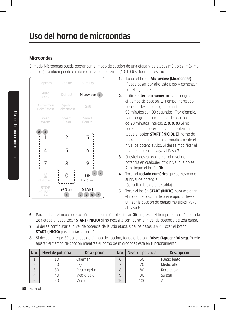 Microondas, Microondas 50, Uso del horno de microondas | Samsung 30 Inch Over the Range Convection Smart Microwave User Manual User Manual | Page 130 / 160