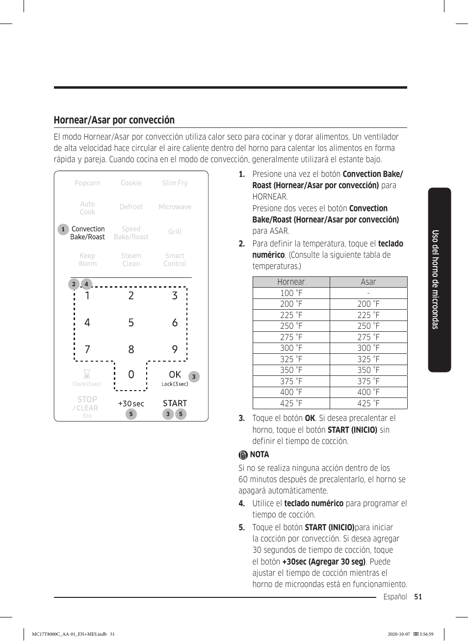 Hornear/asar por convección | Samsung 30 Inch Over the Range Convection Smart Microwave User Manual User Manual | Page 131 / 160