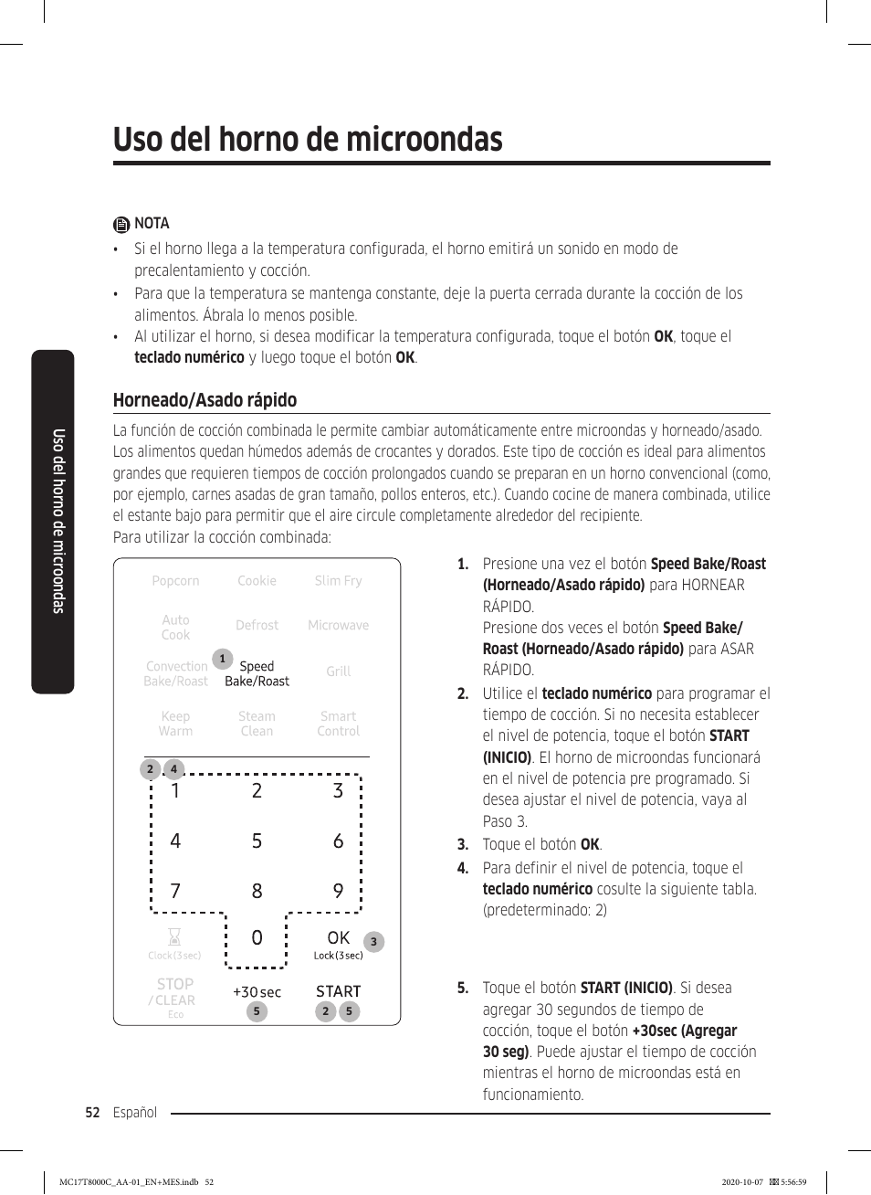 Horneado/asado rápido, Uso del horno de microondas | Samsung 30 Inch Over the Range Convection Smart Microwave User Manual User Manual | Page 132 / 160