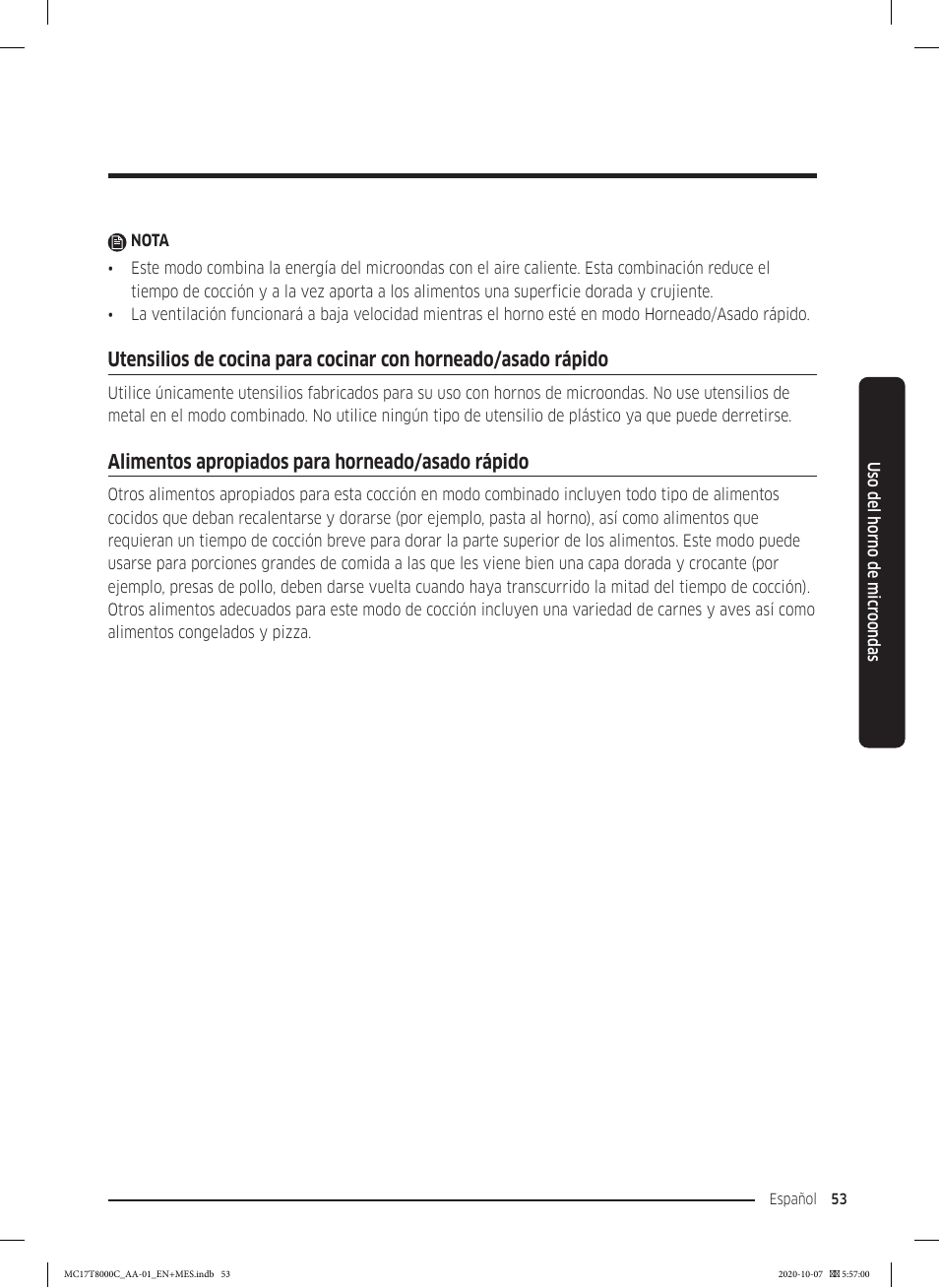 Alimentos apropiados para horneado/asado rápido | Samsung 30 Inch Over the Range Convection Smart Microwave User Manual User Manual | Page 133 / 160