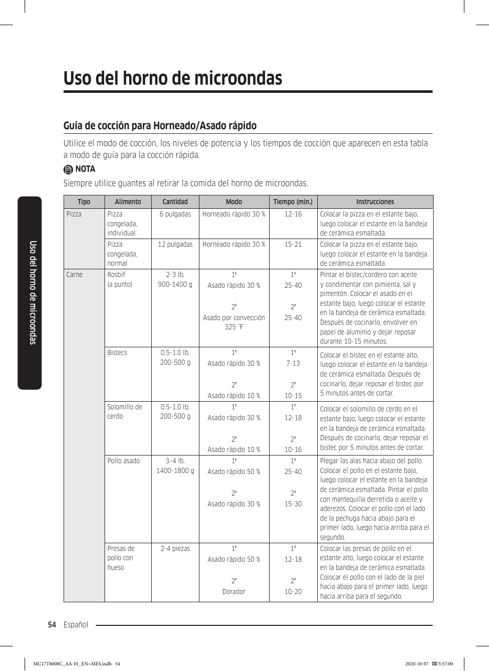 Guía de cocción para horneado/asado rápido, Uso del horno de microondas, Uso del horno de micr oondas | Samsung 30 Inch Over the Range Convection Smart Microwave User Manual User Manual | Page 134 / 160