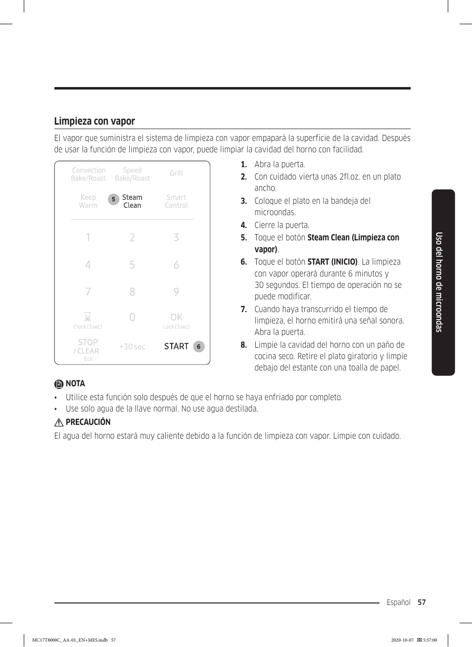 Limpieza con vapor | Samsung 30 Inch Over the Range Convection Smart Microwave User Manual User Manual | Page 137 / 160