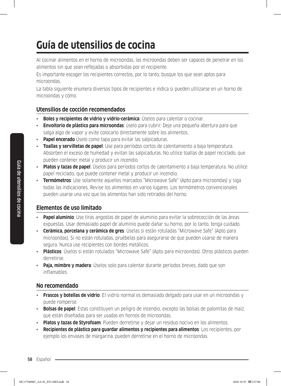 Guía de utensilios de cocina, Utensilios de cocción recomendados, Elementos de uso limitado | No recomendado | Samsung 30 Inch Over the Range Convection Smart Microwave User Manual User Manual | Page 138 / 160