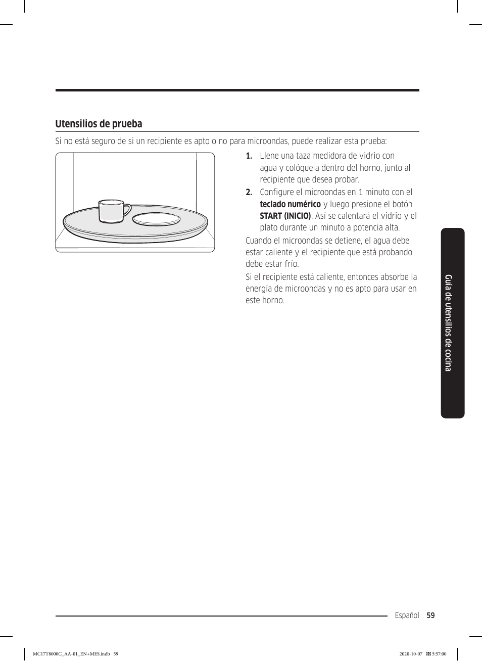 Utensilios de prueba | Samsung 30 Inch Over the Range Convection Smart Microwave User Manual User Manual | Page 139 / 160