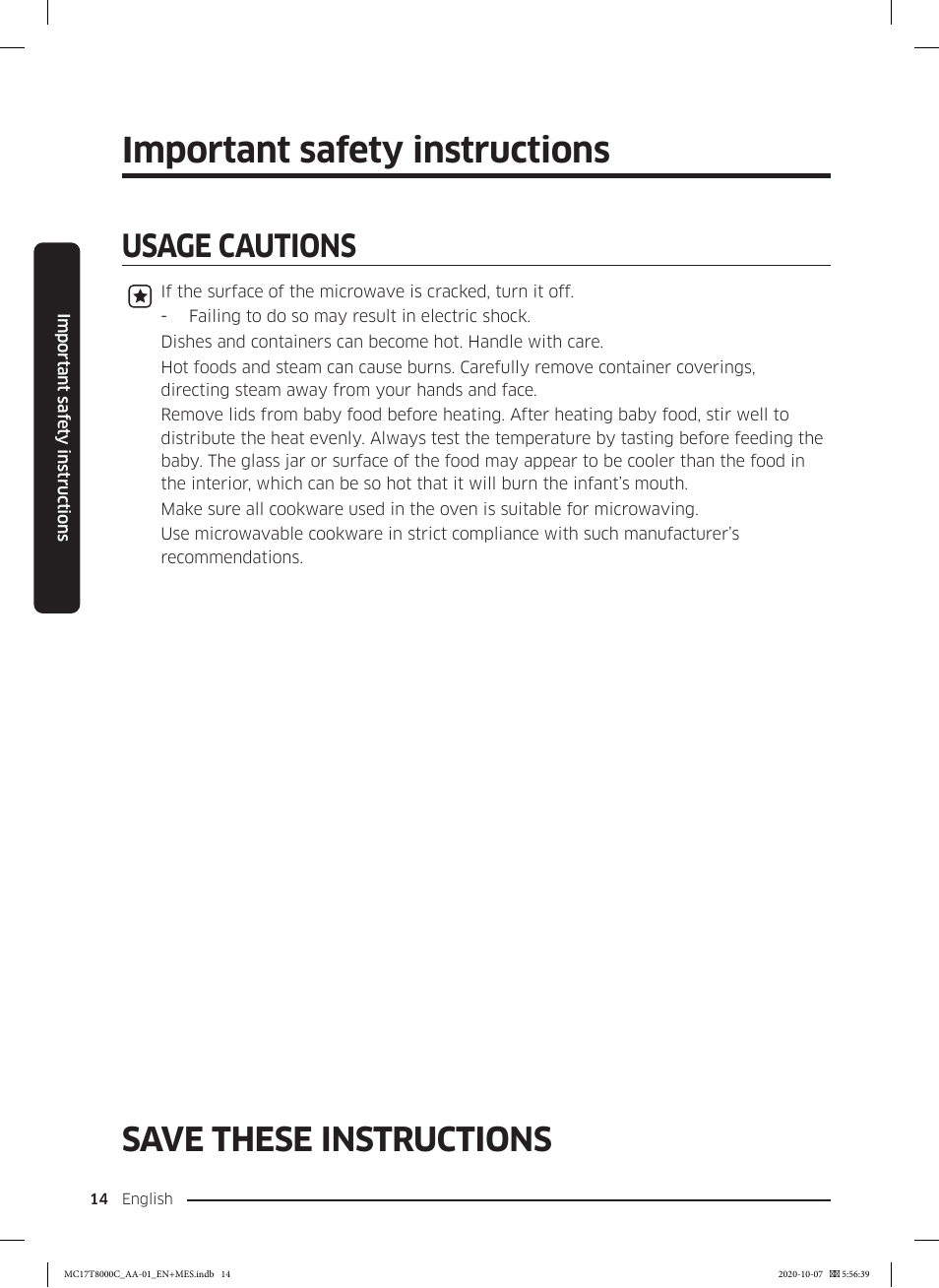 Important safety instructions, Save these instructions, Usage cautions | Samsung 30 Inch Over the Range Convection Smart Microwave User Manual User Manual | Page 14 / 160