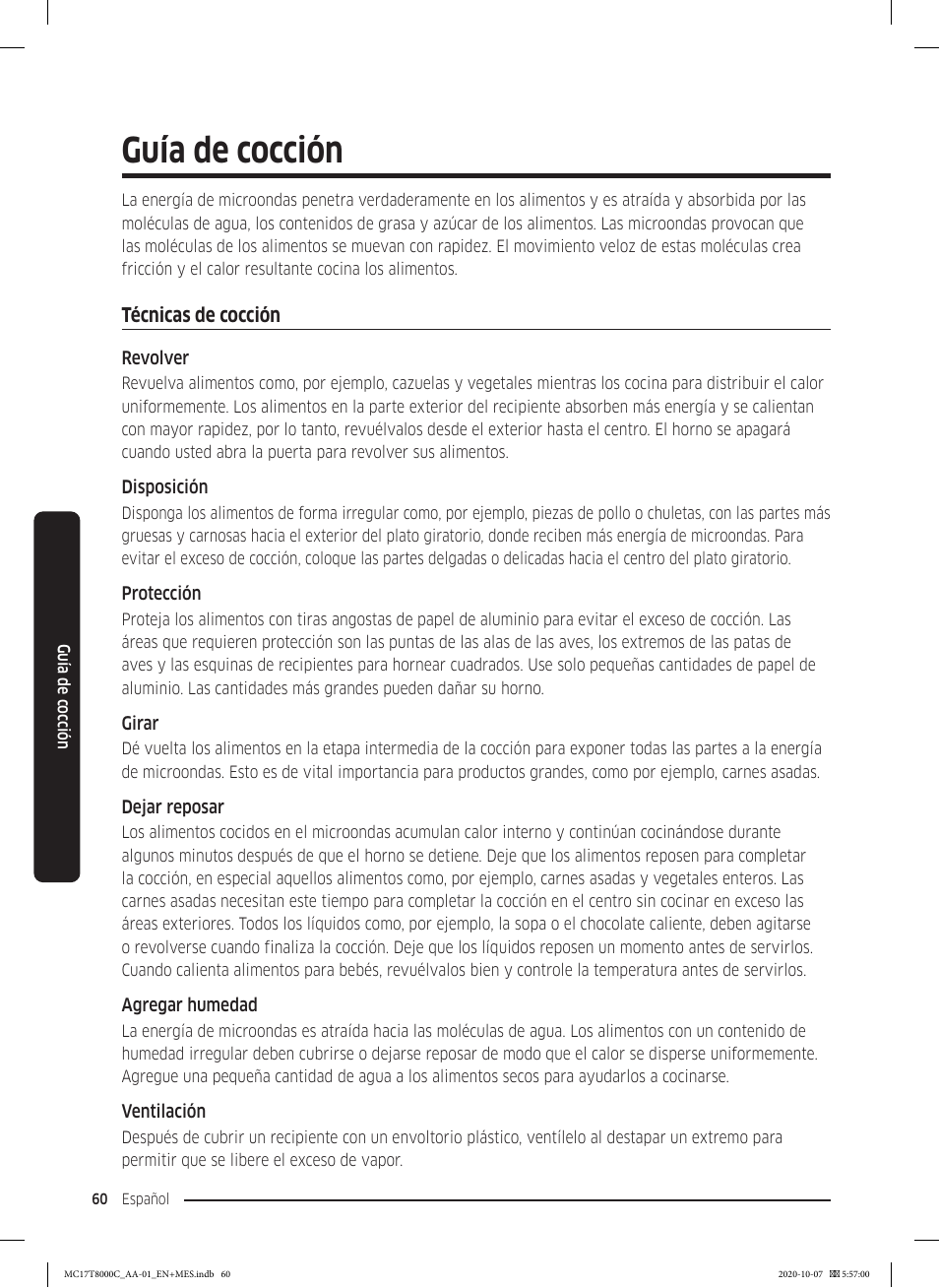 Guía de cocción, Técnicas de cocción | Samsung 30 Inch Over the Range Convection Smart Microwave User Manual User Manual | Page 140 / 160