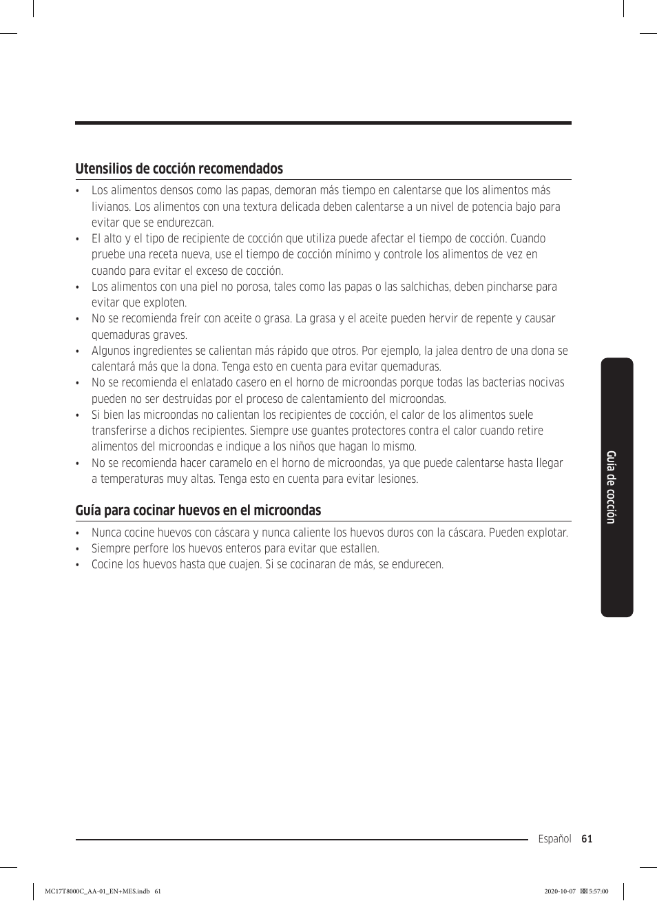 Utensilios de cocción recomendados, Guía para cocinar huevos en el microondas | Samsung 30 Inch Over the Range Convection Smart Microwave User Manual User Manual | Page 141 / 160