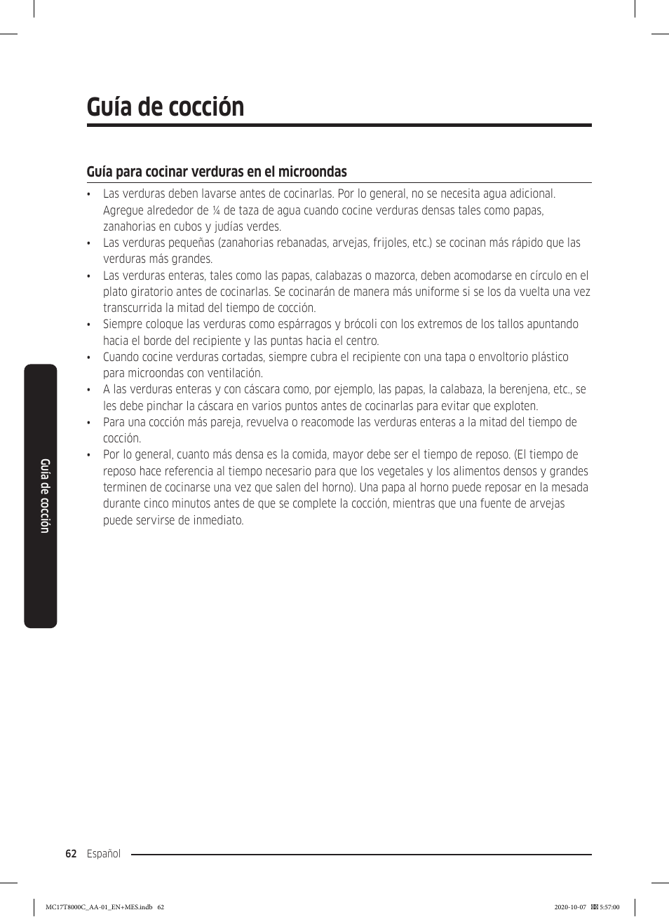 Guía para cocinar verduras en el microondas, Guía de cocción | Samsung 30 Inch Over the Range Convection Smart Microwave User Manual User Manual | Page 142 / 160