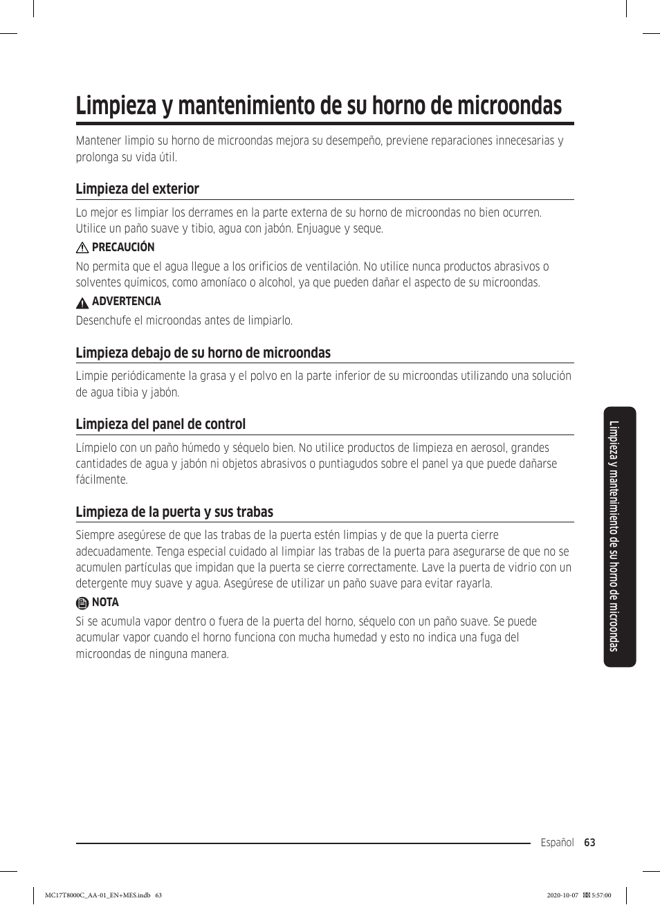 Limpieza y mantenimiento de su horno de microondas, Limpieza del exterior, Limpieza debajo de su horno de microondas | Limpieza del panel de control, Limpieza de la puerta y sus trabas | Samsung 30 Inch Over the Range Convection Smart Microwave User Manual User Manual | Page 143 / 160