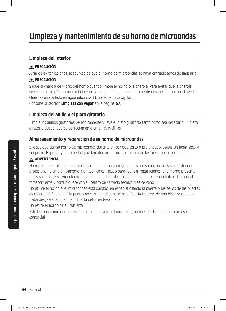 Limpieza del interior, Limpieza del anillo y el plato giratorio, Limpieza y mantenimiento de su horno de microondas | Samsung 30 Inch Over the Range Convection Smart Microwave User Manual User Manual | Page 144 / 160