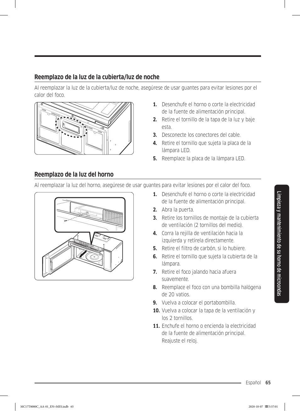 Reemplazo de la luz de la cubierta/luz de noche, Reemplazo de la luz del horno | Samsung 30 Inch Over the Range Convection Smart Microwave User Manual User Manual | Page 145 / 160