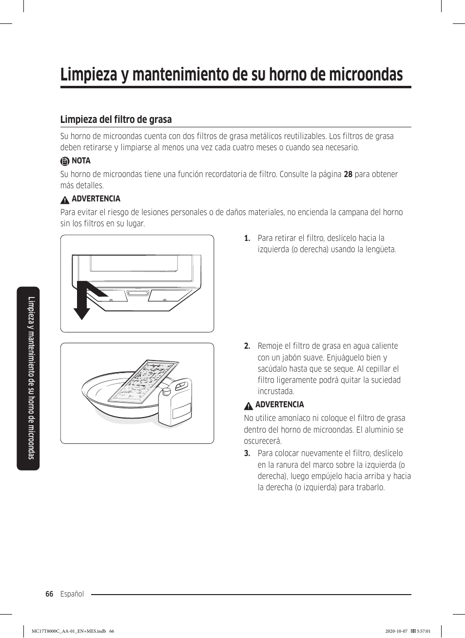 Limpieza del filtro de grasa, Limpieza y mantenimiento de su horno de microondas | Samsung 30 Inch Over the Range Convection Smart Microwave User Manual User Manual | Page 146 / 160