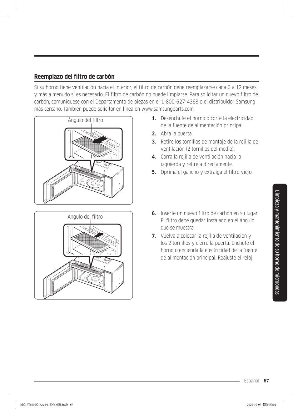 Reemplazo del filtro de carbón | Samsung 30 Inch Over the Range Convection Smart Microwave User Manual User Manual | Page 147 / 160