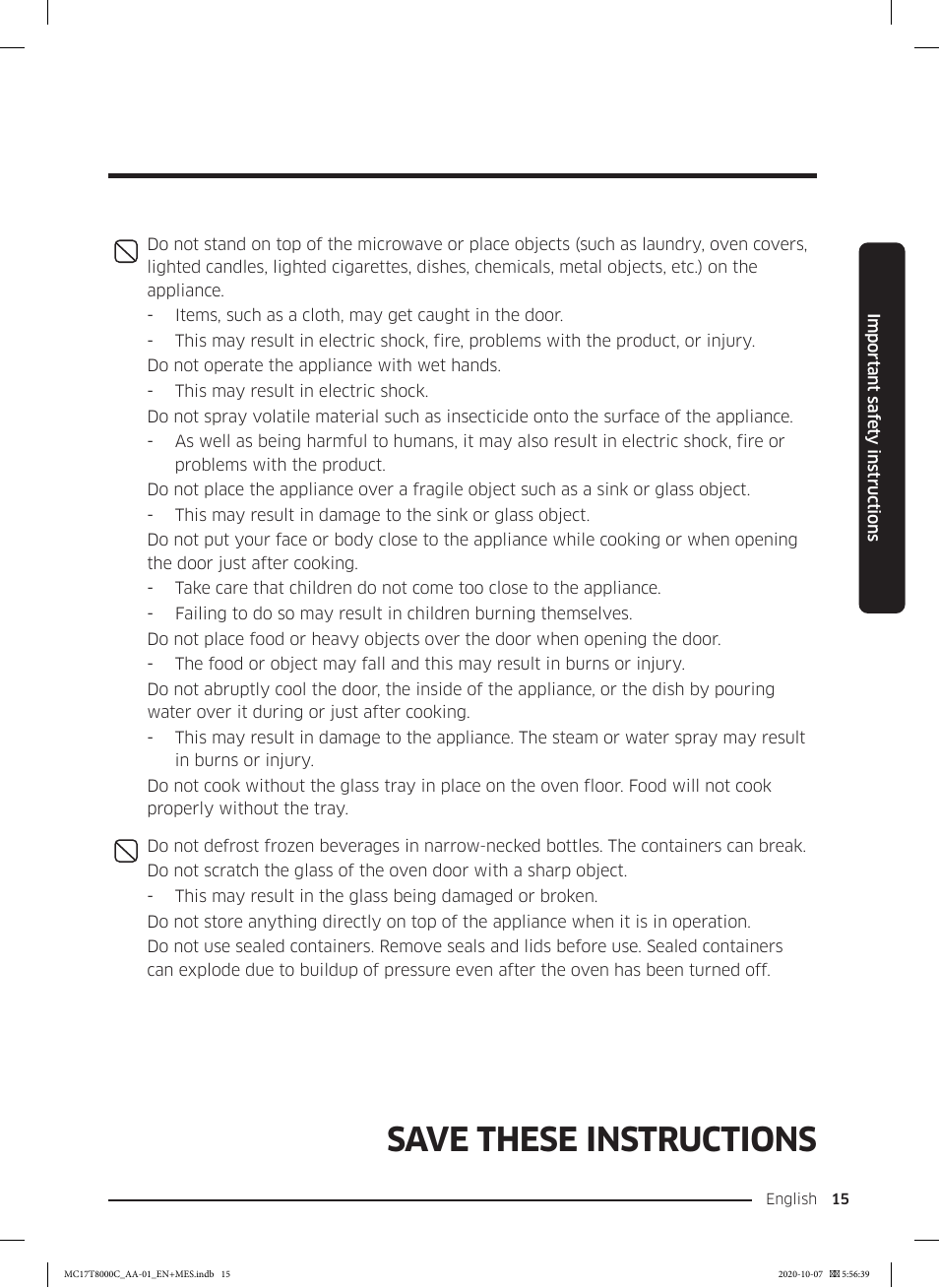 Save these instructions | Samsung 30 Inch Over the Range Convection Smart Microwave User Manual User Manual | Page 15 / 160