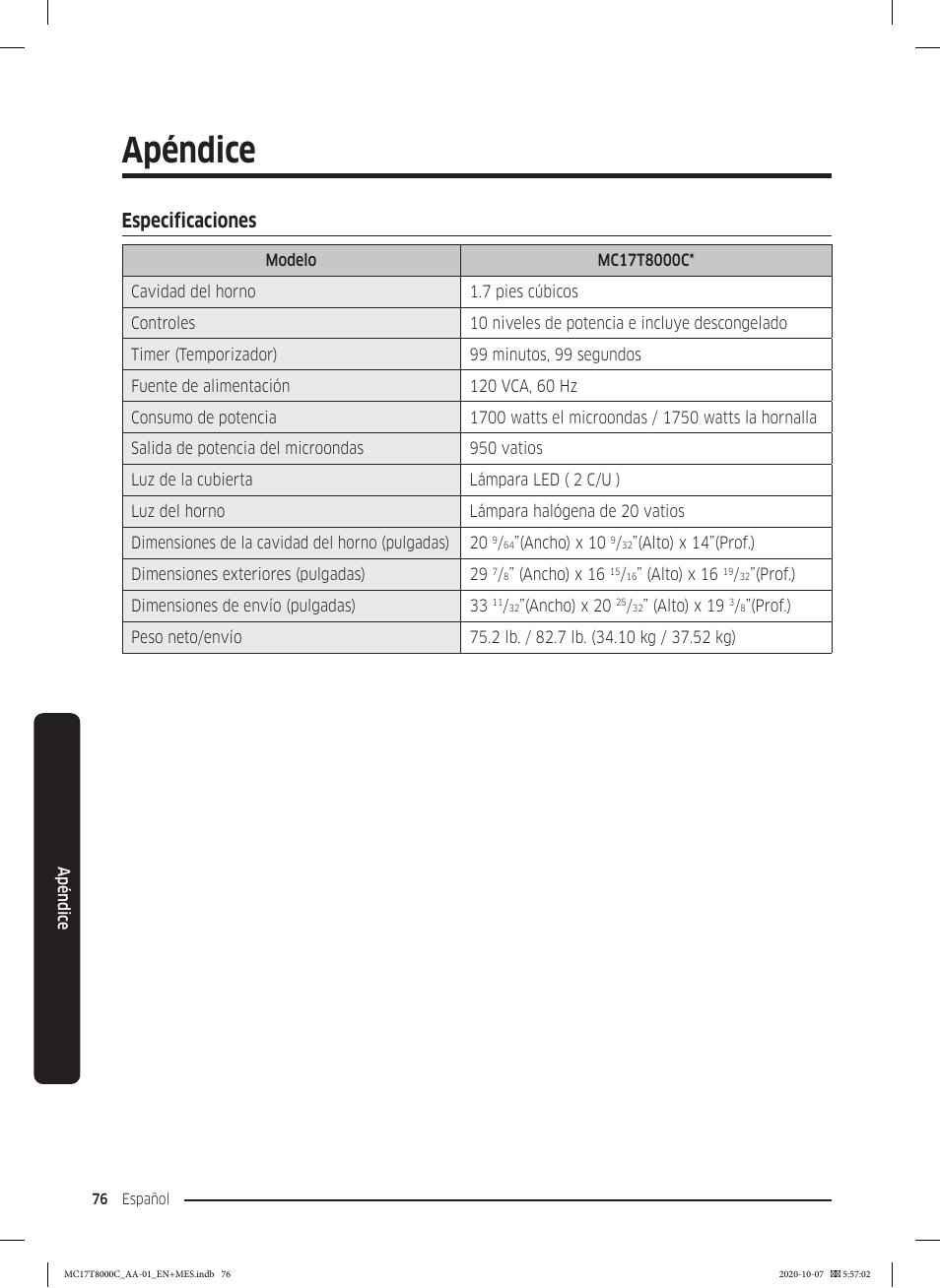 Apéndice, Especificaciones, Especificaciones 76 | Samsung 30 Inch Over the Range Convection Smart Microwave User Manual User Manual | Page 156 / 160