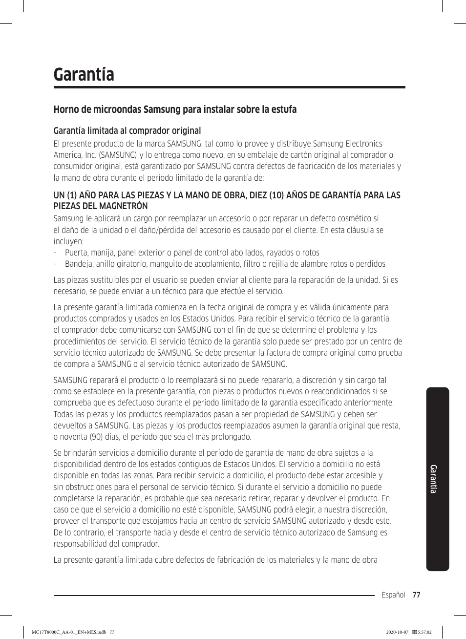 Garantía | Samsung 30 Inch Over the Range Convection Smart Microwave User Manual User Manual | Page 157 / 160