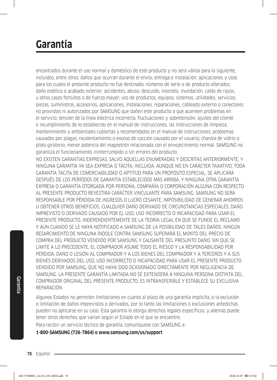 Garantía | Samsung 30 Inch Over the Range Convection Smart Microwave User Manual User Manual | Page 158 / 160