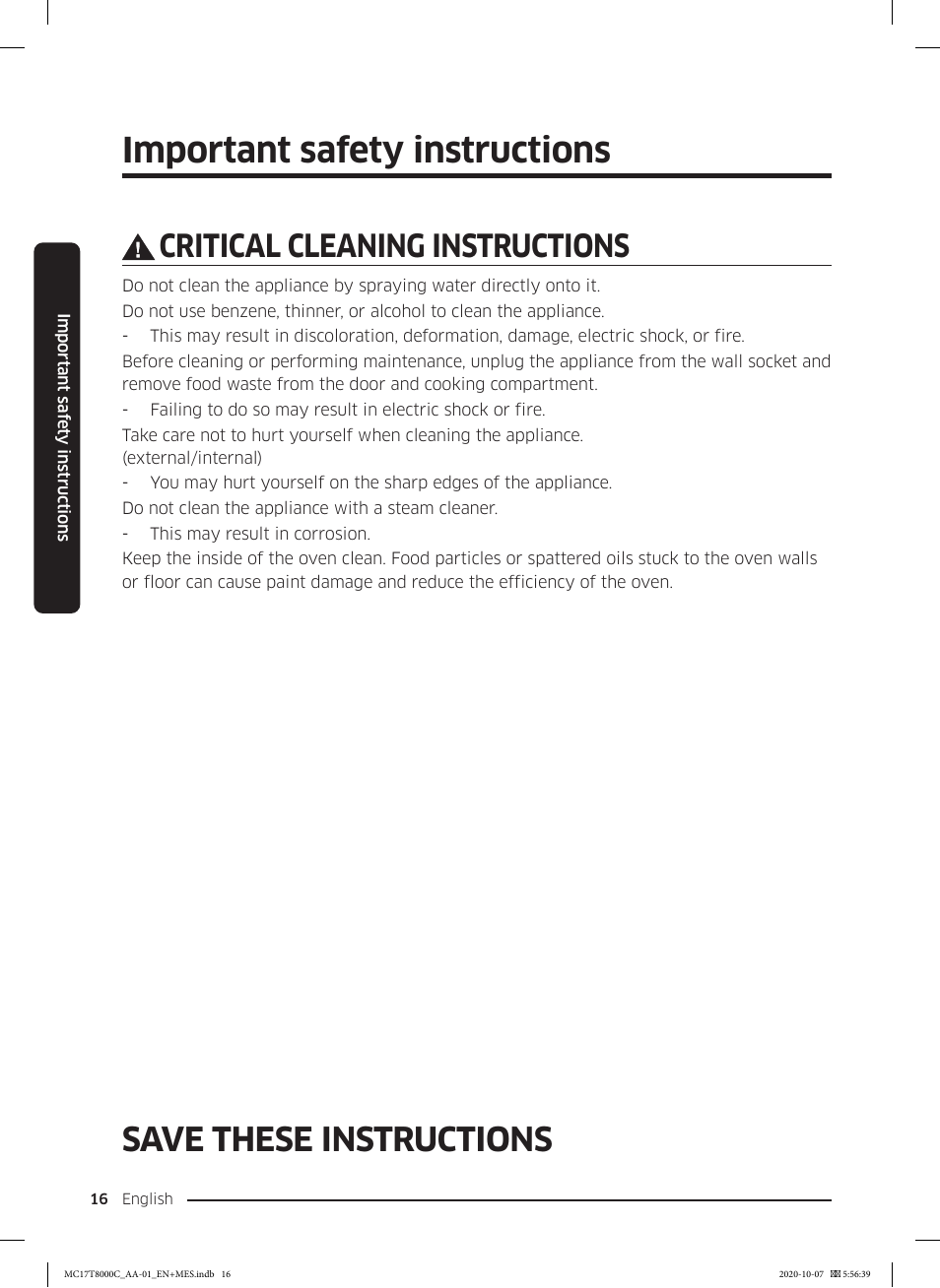 Important safety instructions, Save these instructions, Critical cleaning instructions | Samsung 30 Inch Over the Range Convection Smart Microwave User Manual User Manual | Page 16 / 160